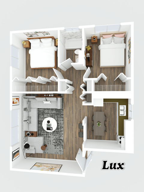A 3D floor plan of a house layout with the word Luxx at the bottom.